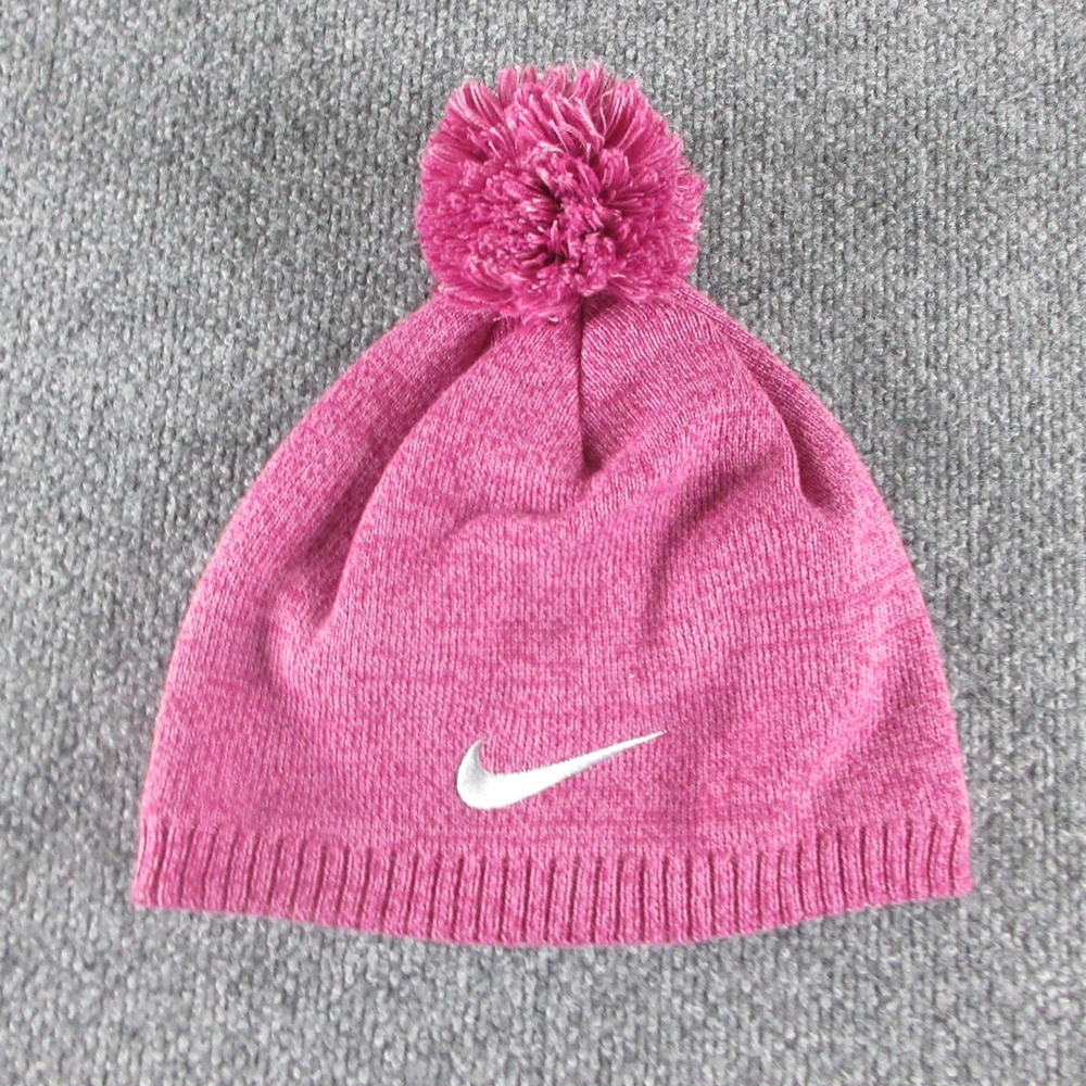 Nike Hat Beanie Womens One Size Pink Knit Fleece Lined Pom Pom Winter Bobble
